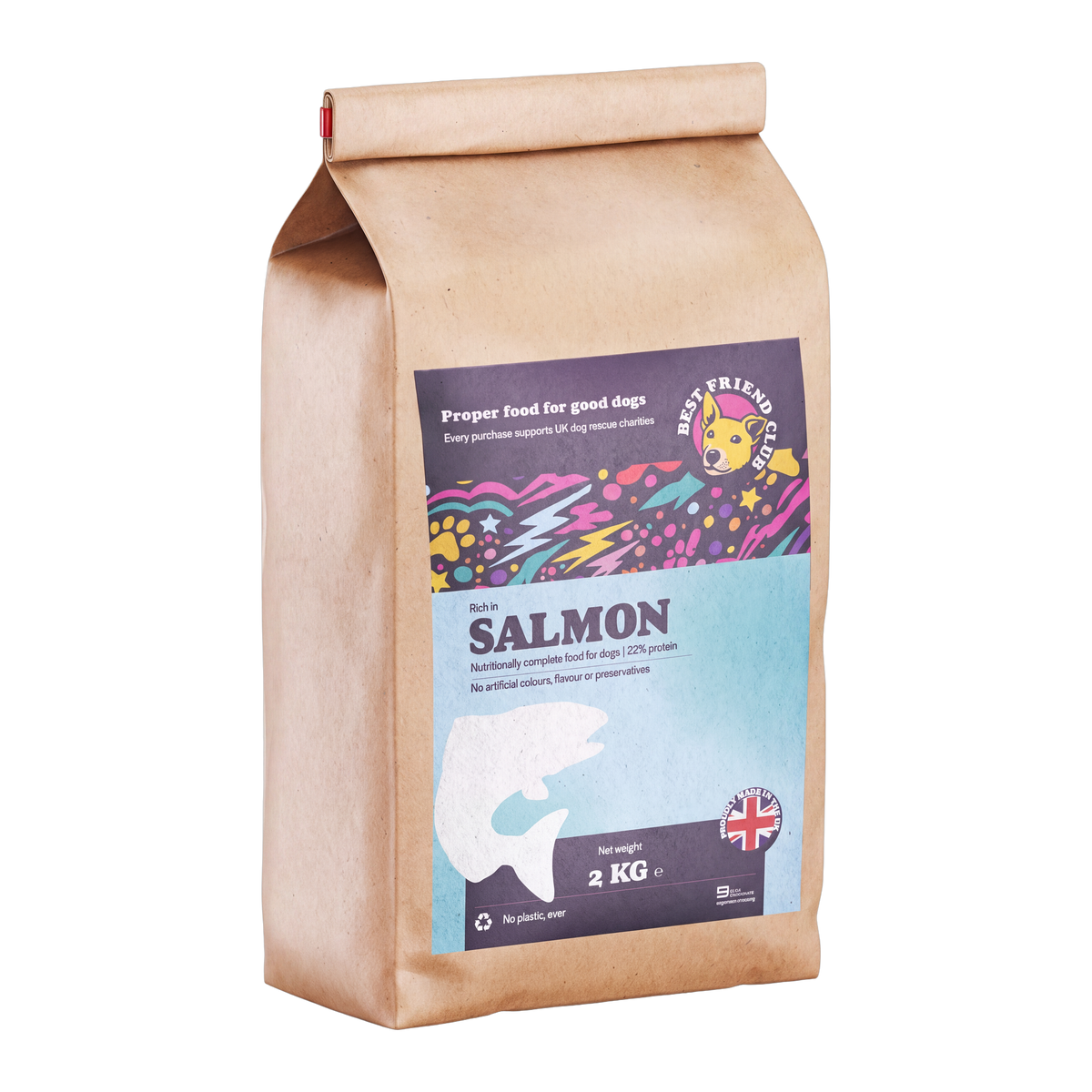 Best Friend Club Rich in Salmon adult dry dog food, 2kg bag.