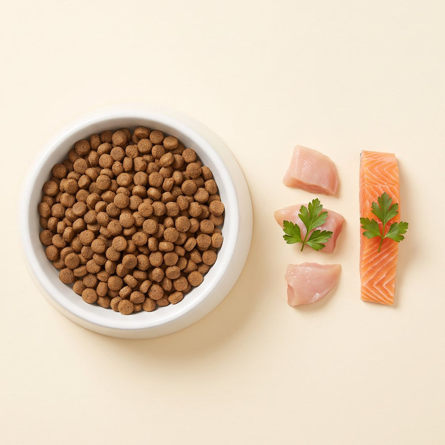 Bowl of Best Friend Club kibble with fresh chicken and salmon