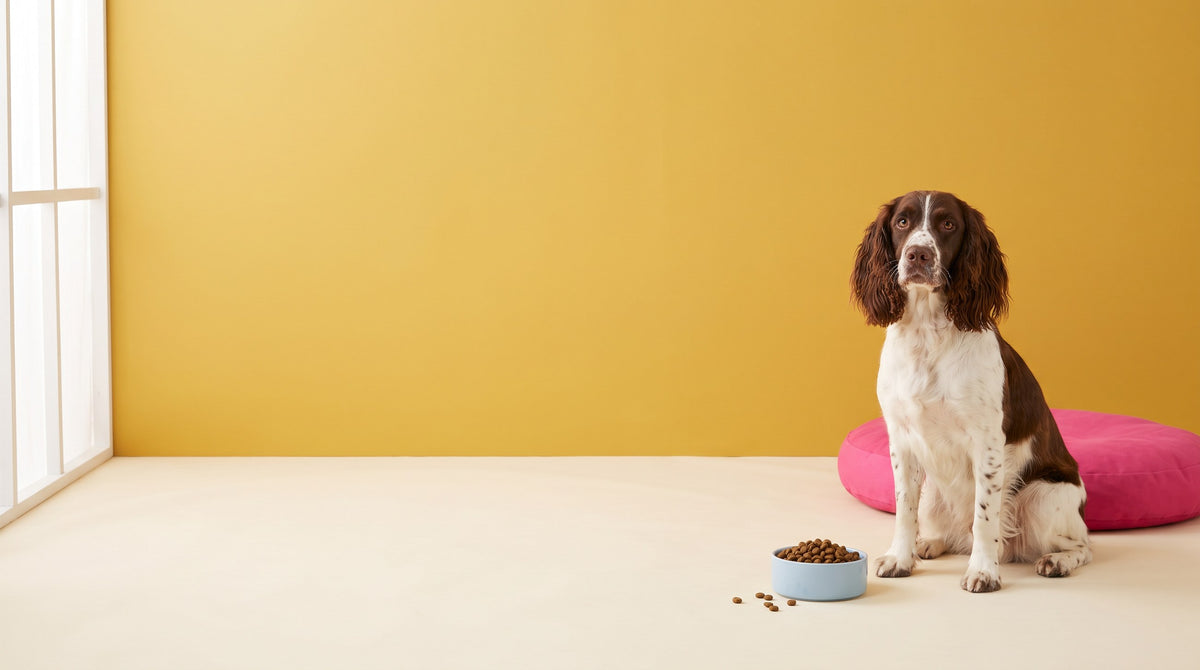 A springer spaniel beside a blue bowl of kibble